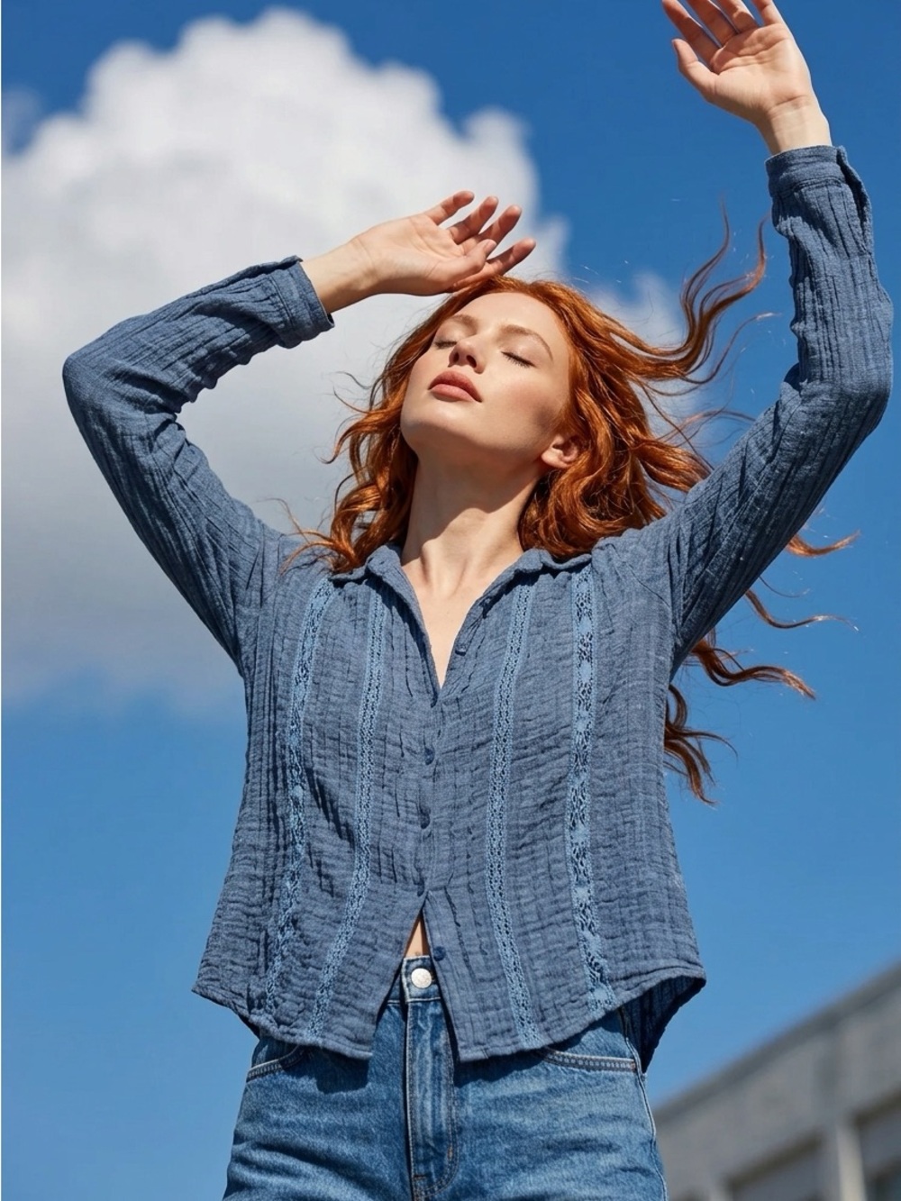 Relaxed Blue Button-Front Textured Shirt Small runs big. Boho, western, light